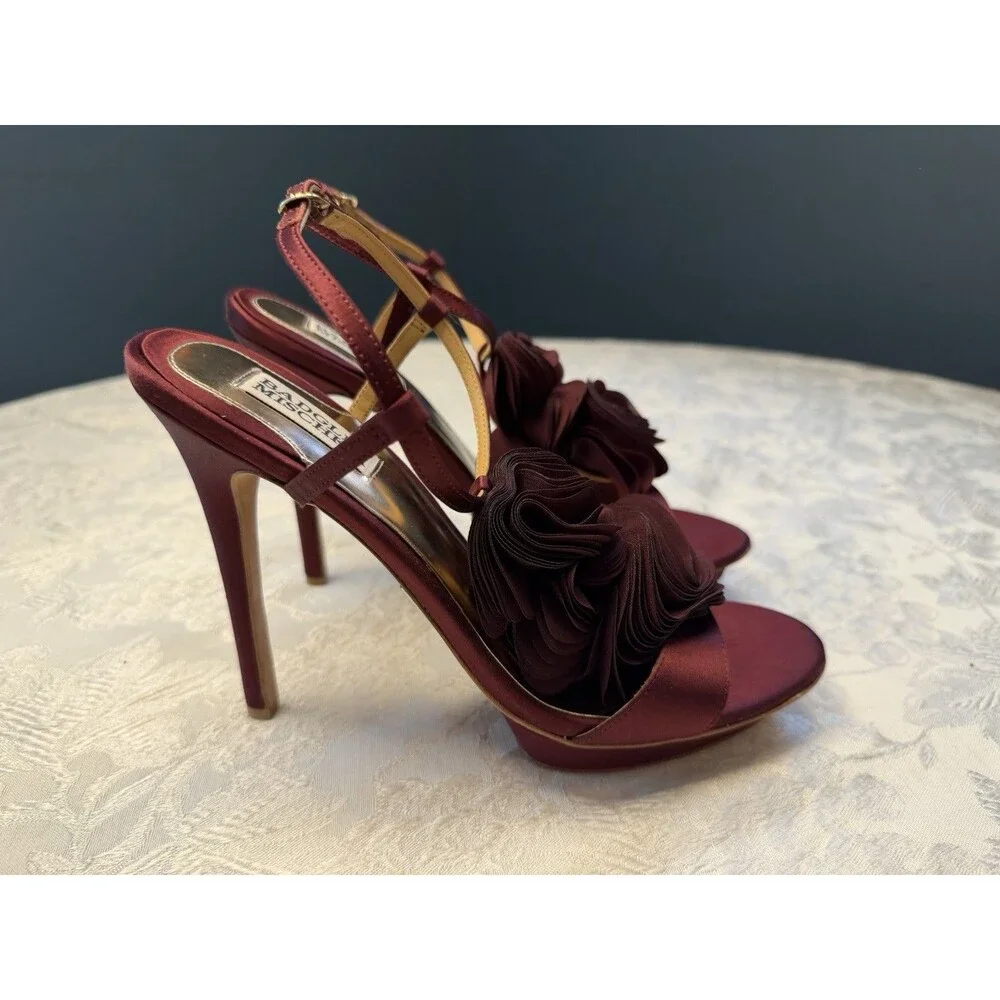 Badgley Mischka Heels Womens Randee Ruffle Flower Ankle Strap Satin Dark Red 10M